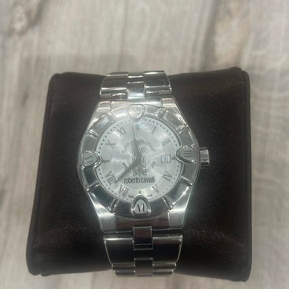 Roberto Cavalli R7253116545 Diamond Time Silver Tn Sapphire Crystal Date Unisex - Picture 2 of 9